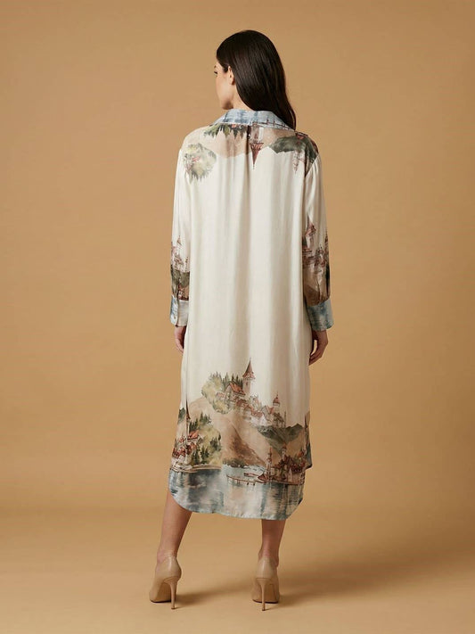 Long satin landscape print dress : Ivory