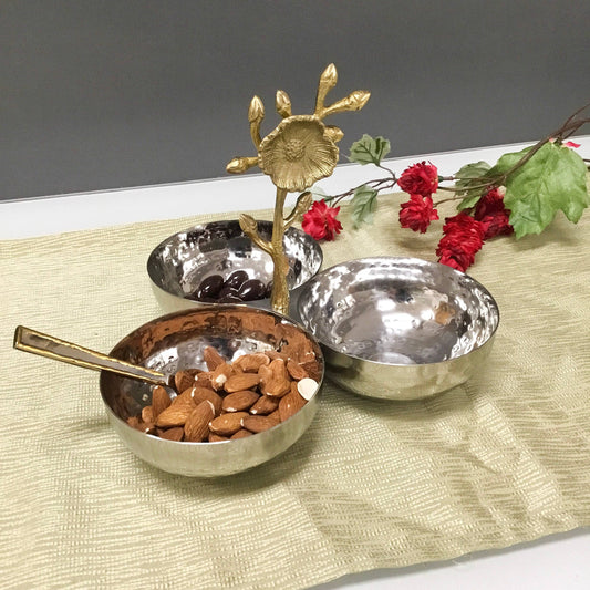 Hammered 3-Section Bowl w/ Gold Floral Handle