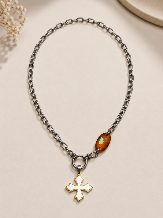 Byzantine Cross & Amber Crystal Chain Necklace