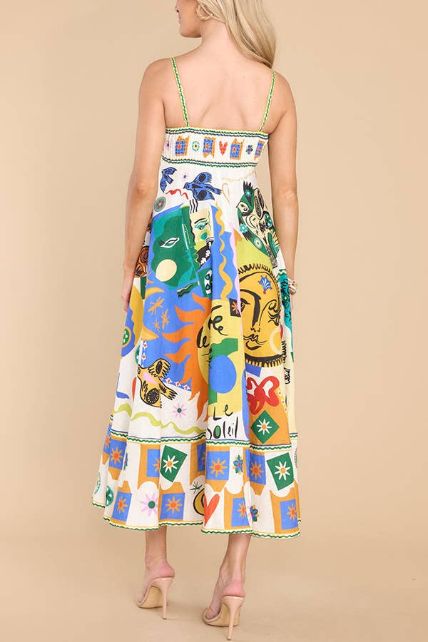 Folk print polyester strap swing midi dress