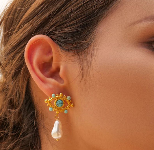 Evil Eye Earrings: Agate, Turquoise, Pearl