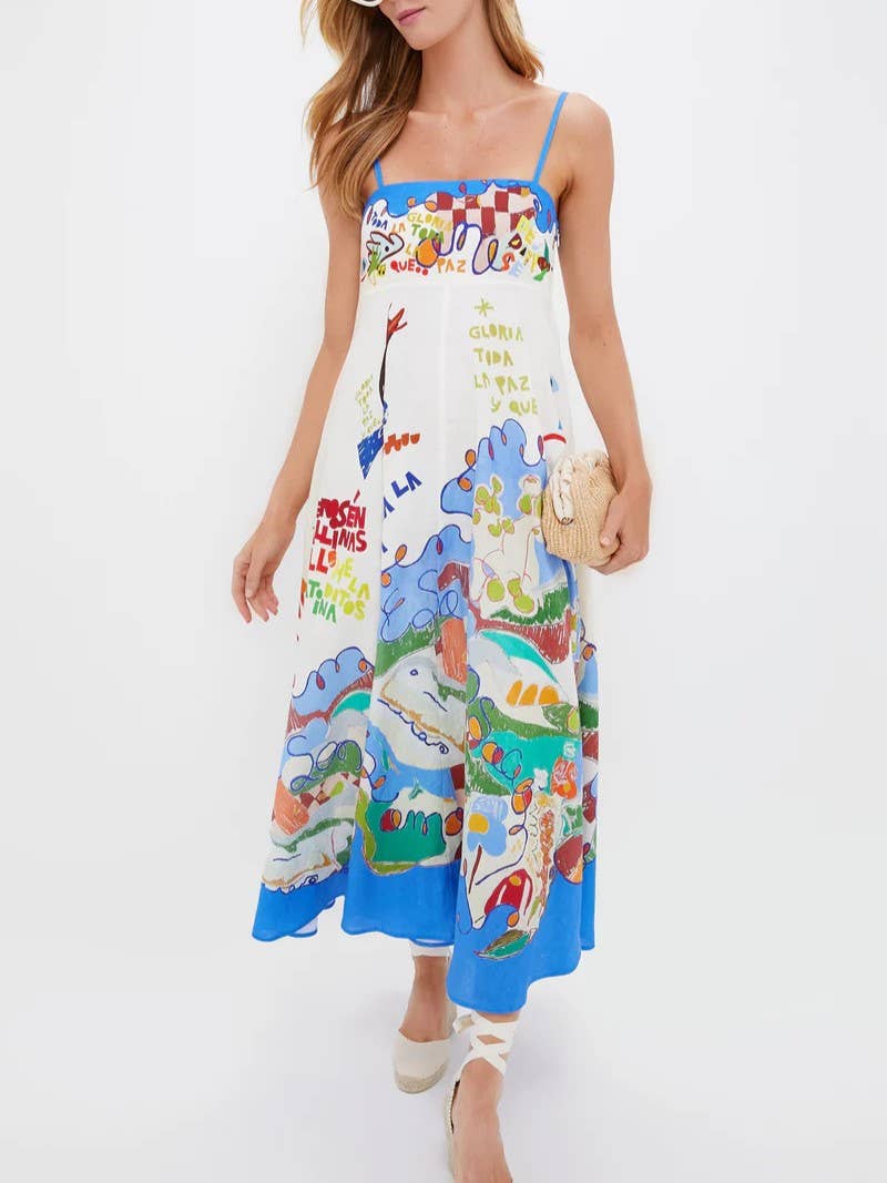 Sciacca Marine life printed Swing Style strappy sundress: DarkBlue
