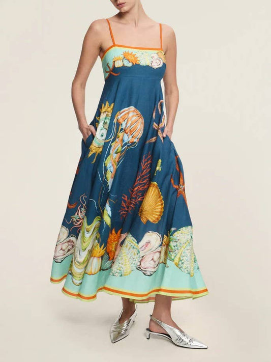 Sciacca Marine life printed Swing Style strappy sundress: DarkBlue