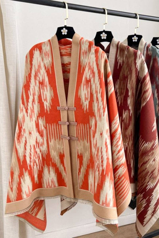 Print Toggle Front Cape Cardigan: BLACK / One Size