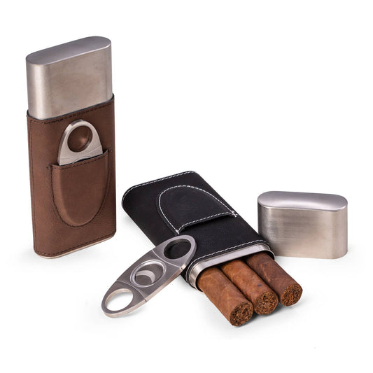 Harrison Leather and Steel Cigar Case with Cutter: Brown