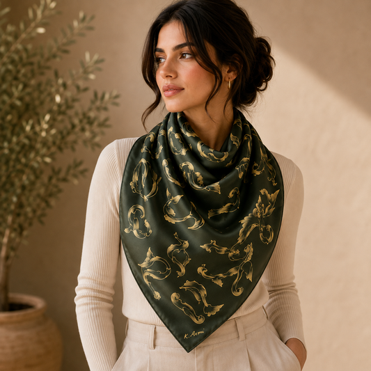 Batik Armenian Alphabet Silk Scarf square green