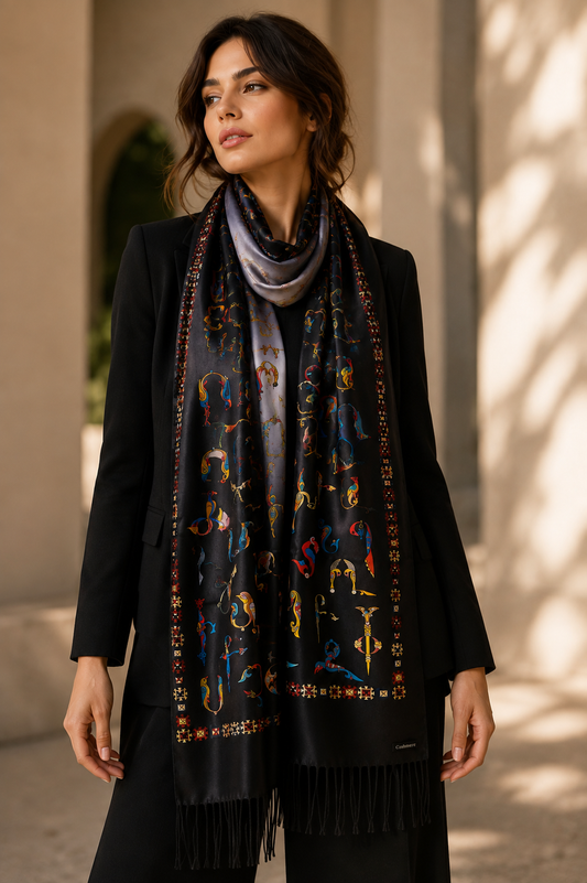 Armenian Alphabet Cashmere Scarf – Black