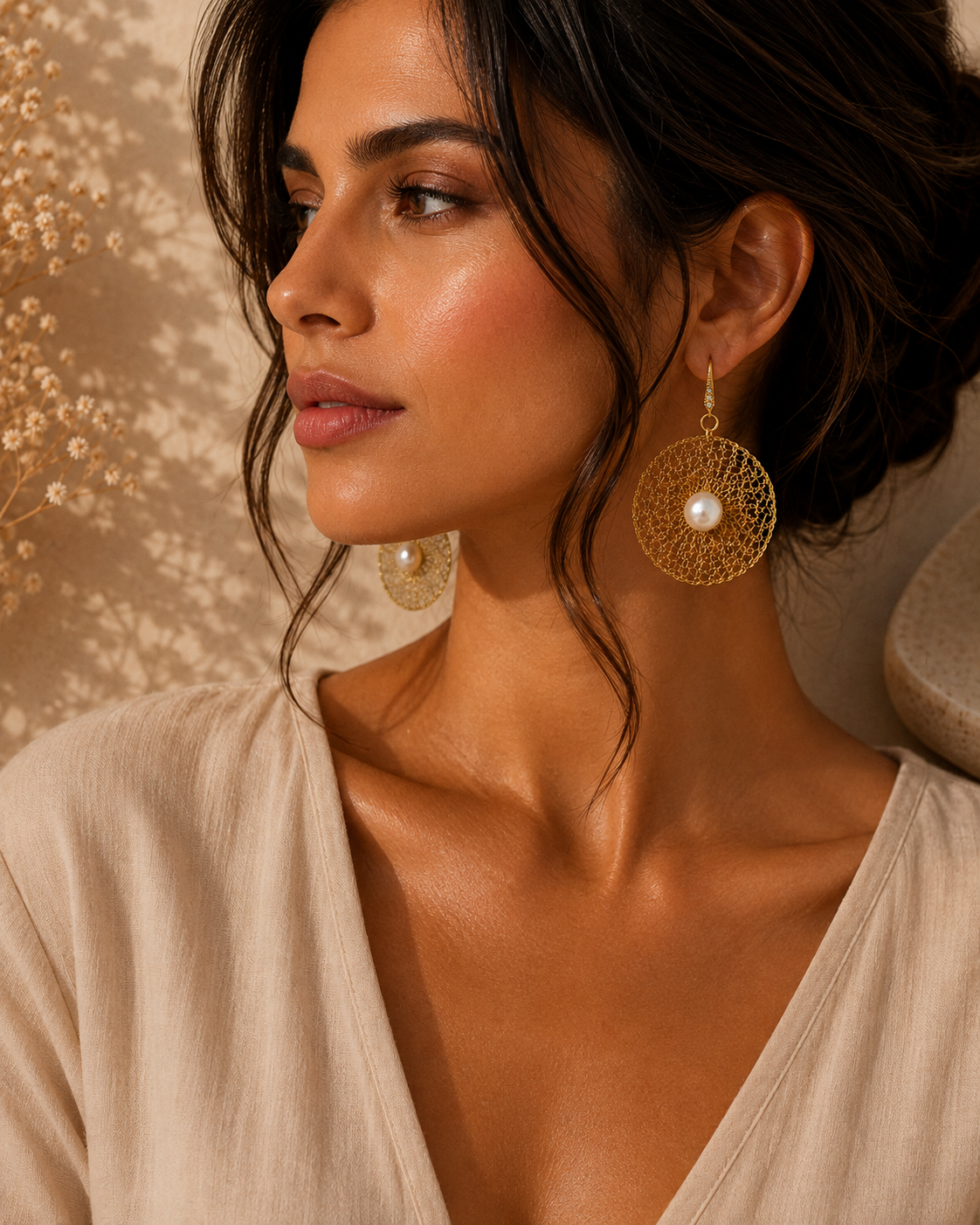 Pearl Halo Golden Mesh Earrings