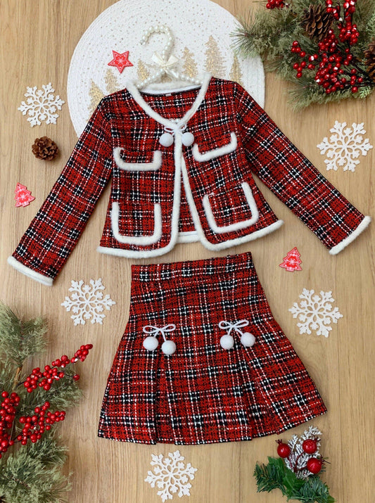 Made For Fashionistas Plaid Tweed Blazer & Skirt Set: Multicolor / 4T/5Y