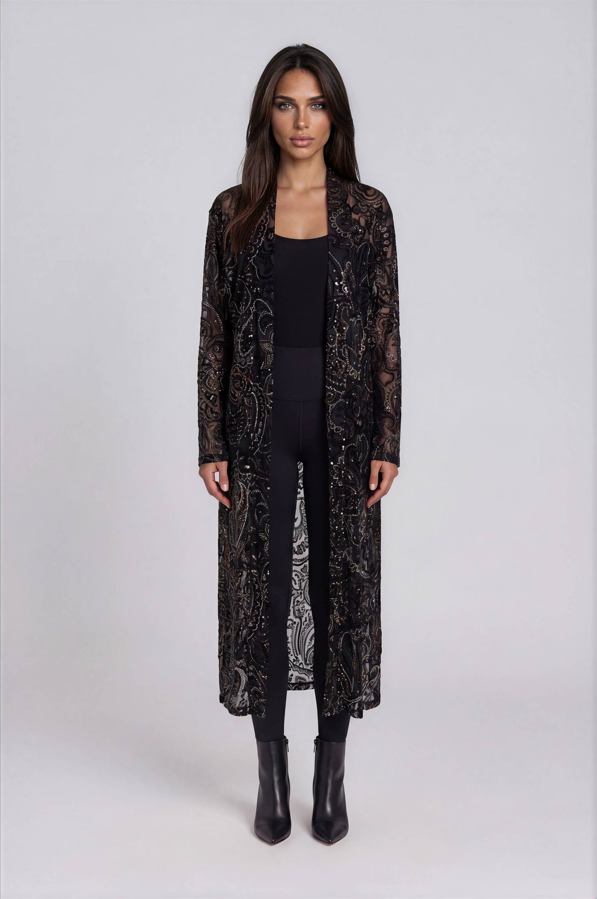 A810-B Velvet Burnout Duster with Metallic Paisley Overlay: L