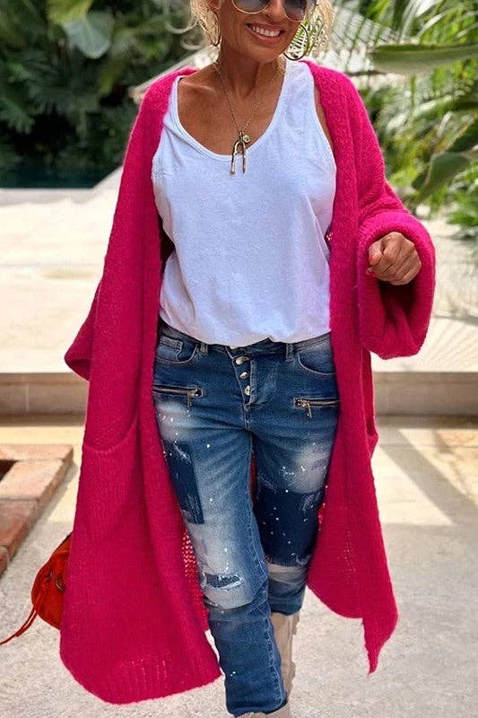Love & Peace Exposed Seam Knit Sweater Long Cardigan: Fuchsia / M