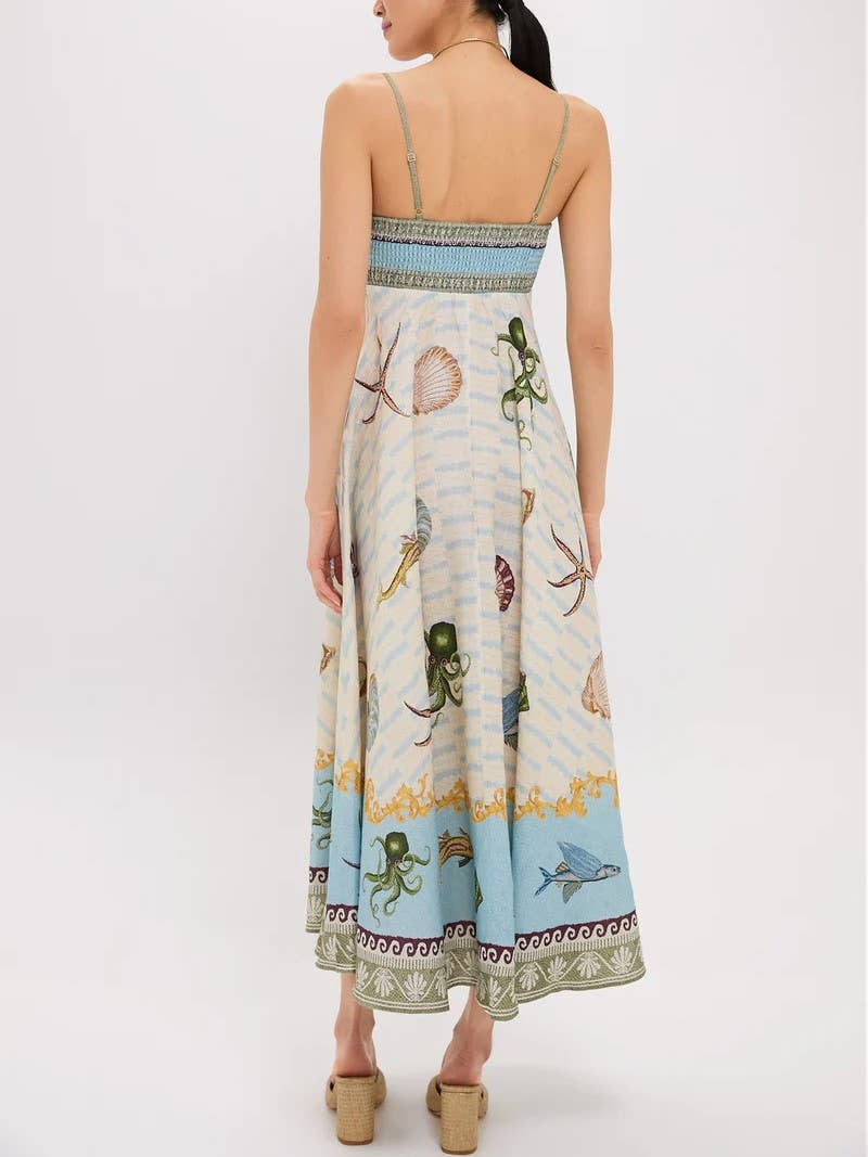 Sciacca Marine life printed Swing Style strappy sundress: DarkBlue
