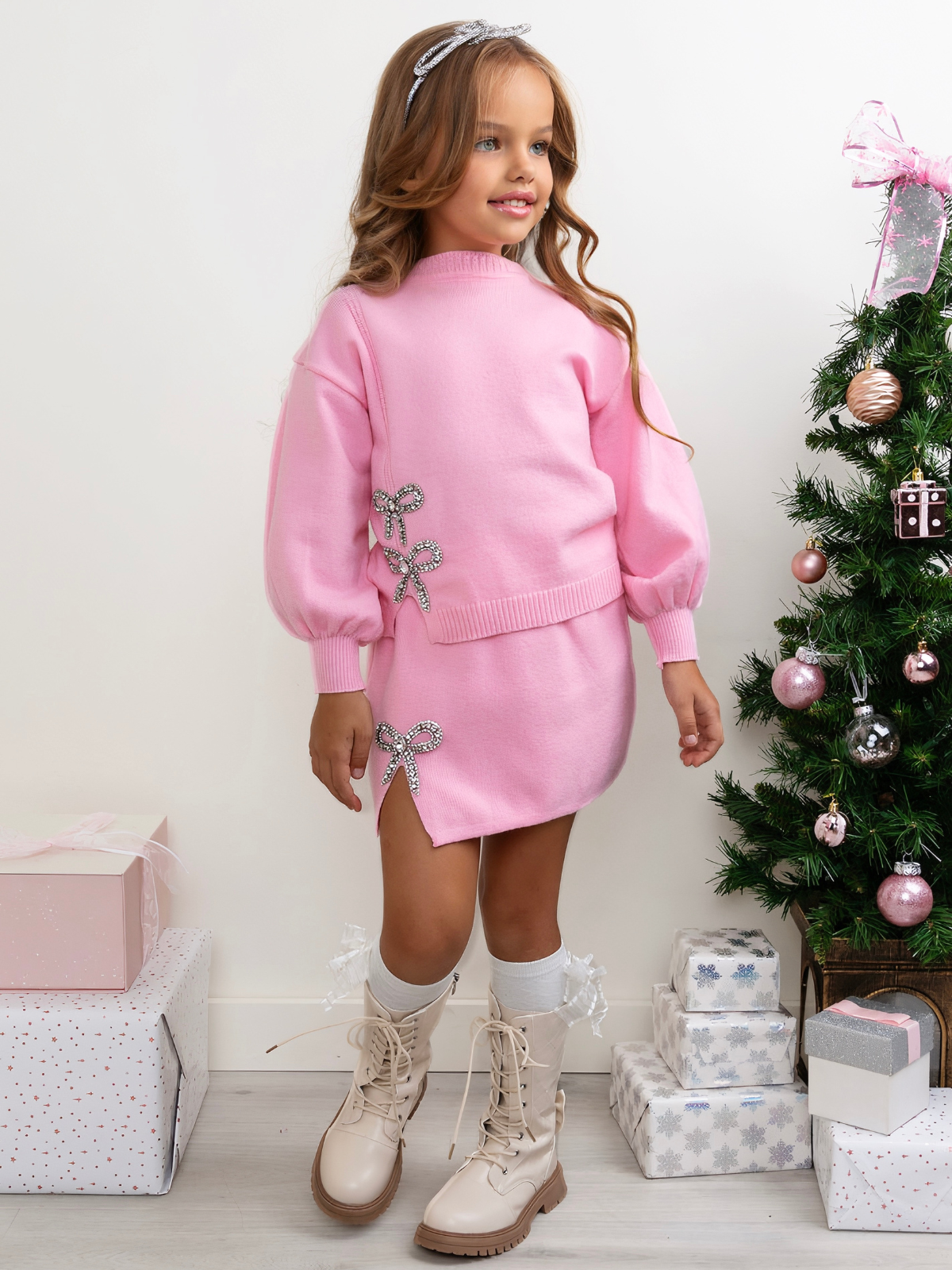 Shine & Slay Pink Bow Knit Sweater and Skirt Set