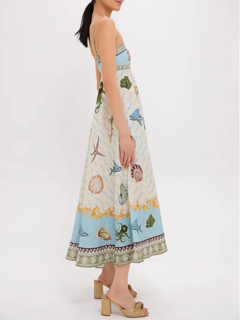 Sciacca Marine life printed Swing Style strappy sundress: DarkBlue