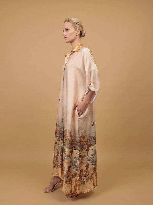 Long satin desert landscape print dress – KD9316VS-34: Sky Blue