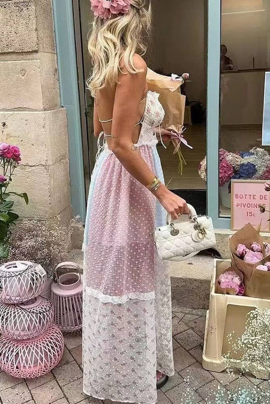 Floral sheer mesh lace patchwork halter maxi flare dress: Floral