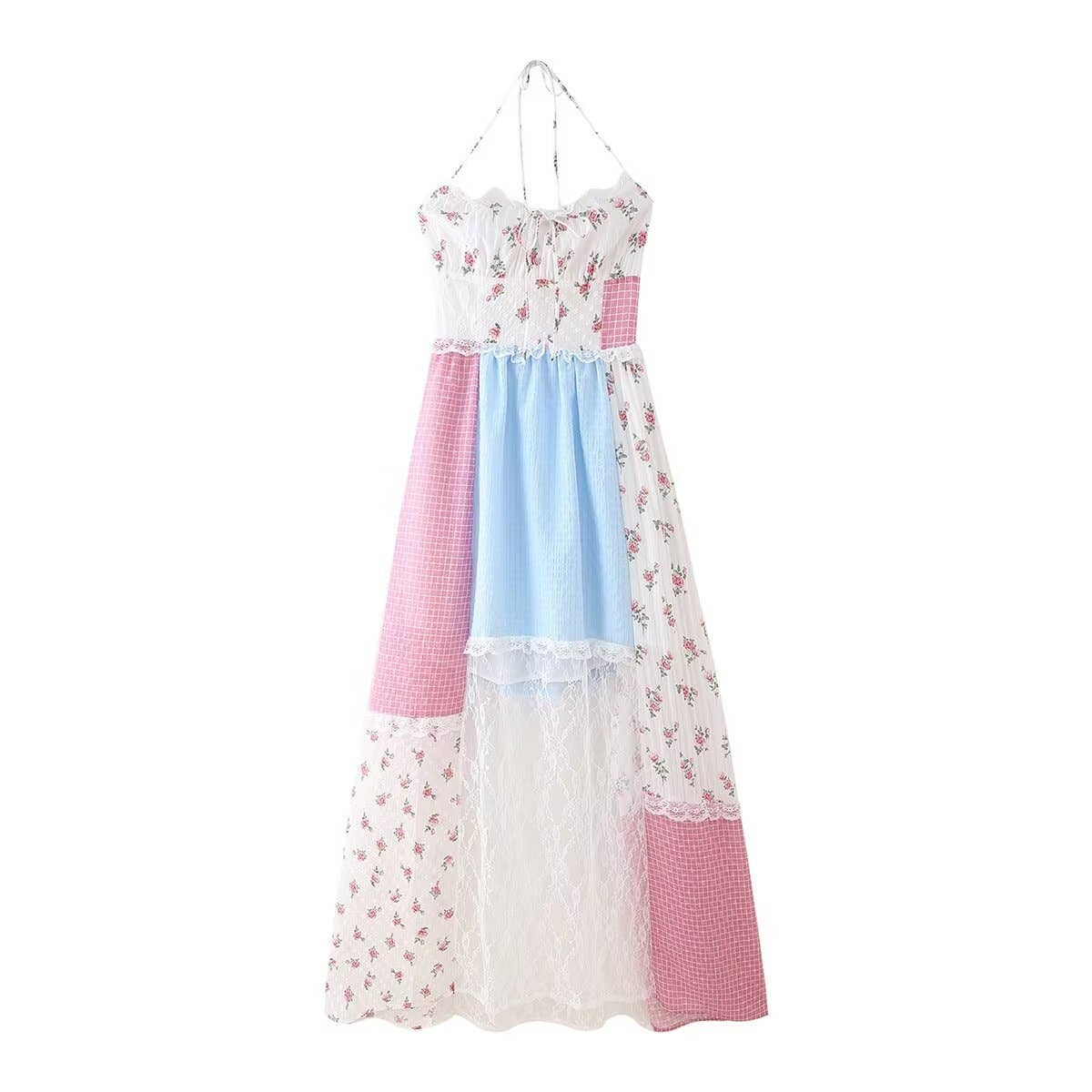 Floral sheer mesh lace patchwork halter maxi flare dress: Floral