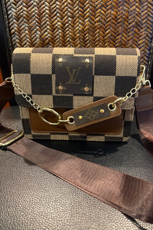 Upcycled Checker Chained Crossbody Bag: Brown