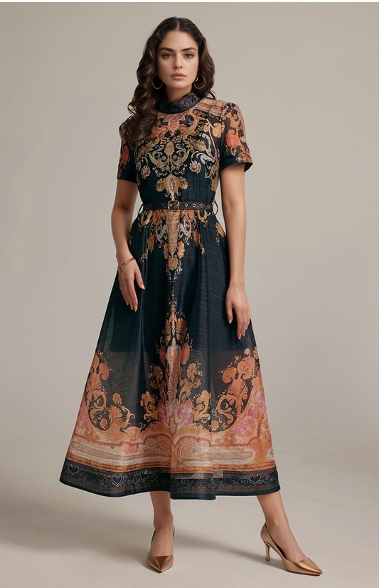 Retro Short Sleeve Digital Print Dress with Belted