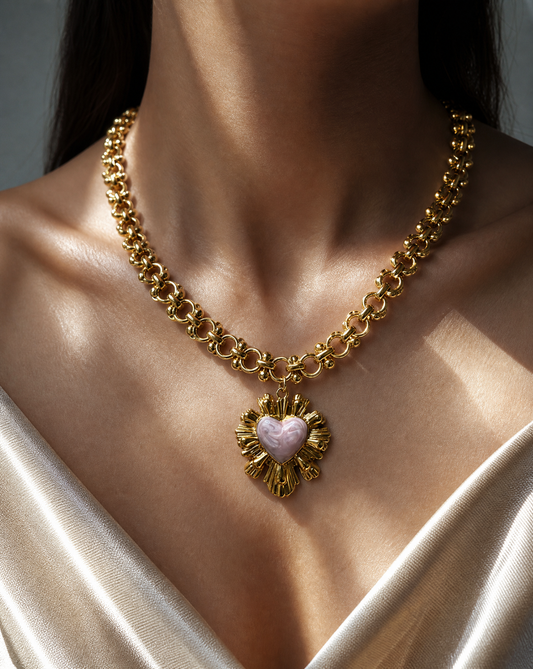 Gold Sunburst Heart Necklace | Vintage Enamel Statement Jewelry: Green