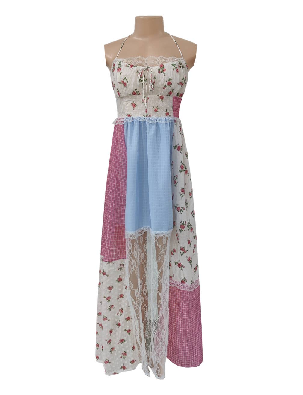 Floral sheer mesh lace patchwork halter maxi flare dress: Floral