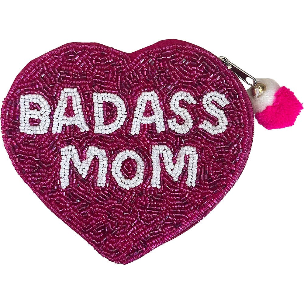BADASS MOM HEART SHAPE BEADED COIN POUCH