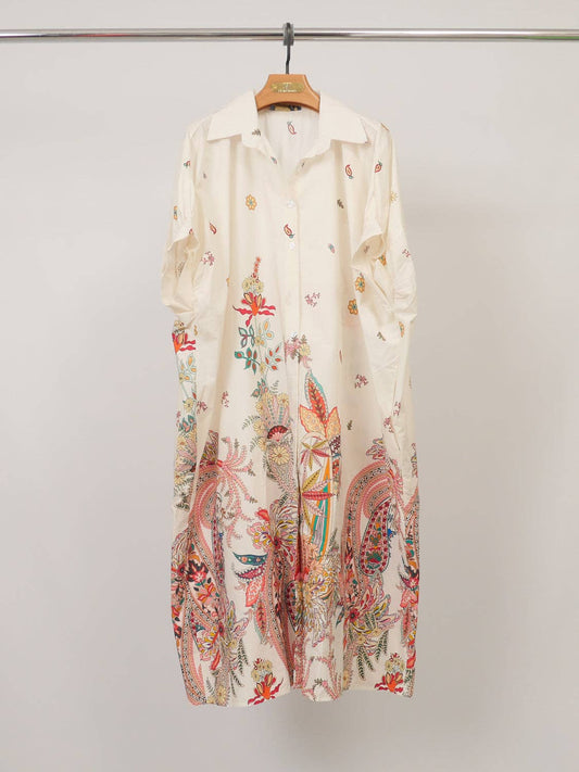 Printed cotton shirt dress, loose fit : Ivory