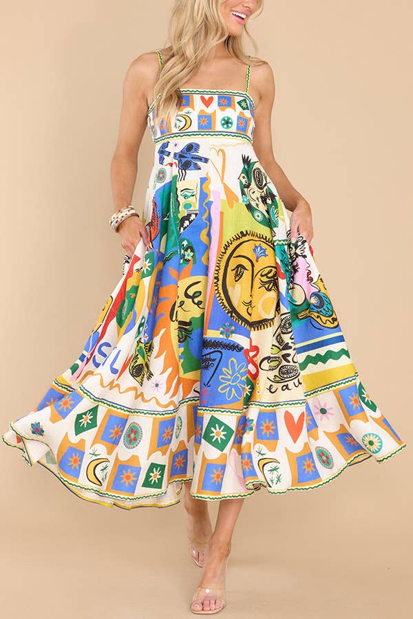 Folk print polyester strap swing midi dress
