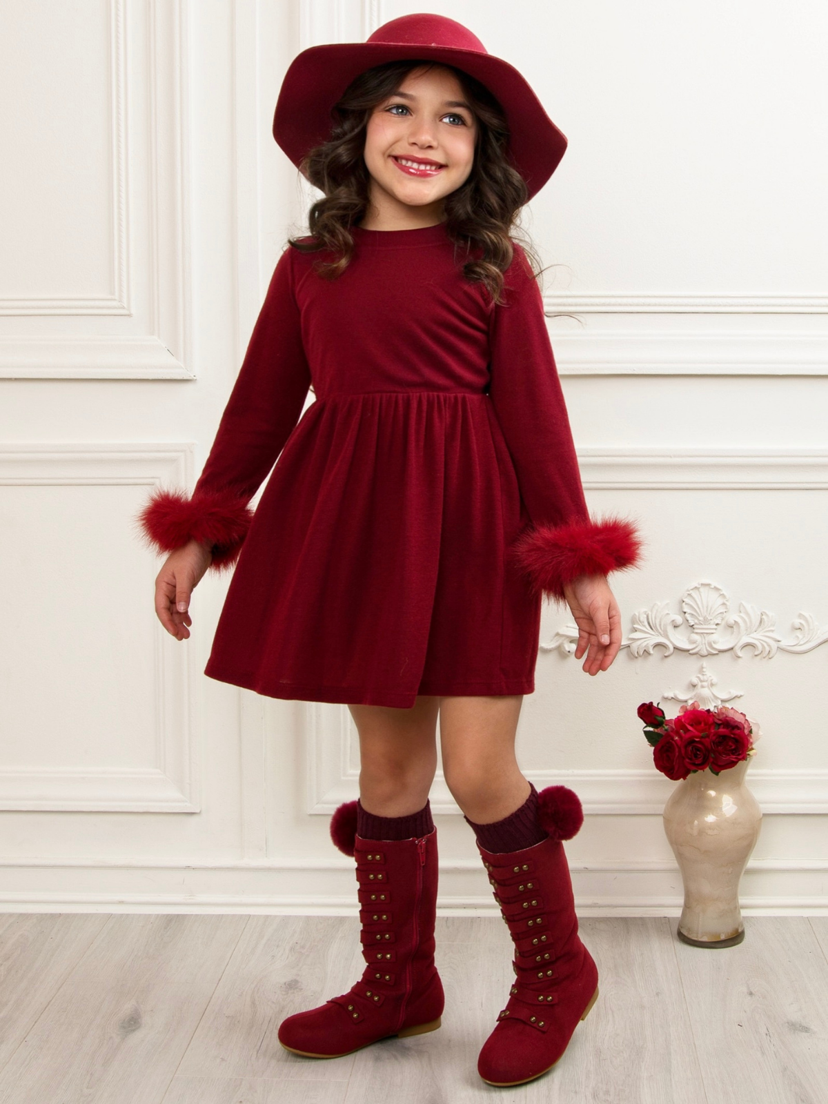 Cranberry Frost Burgundy Dress with Luxe Faux Fur Cuffs – Lusanet Collective