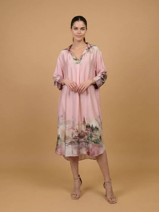 Long satin landscape print dress : Ivory
