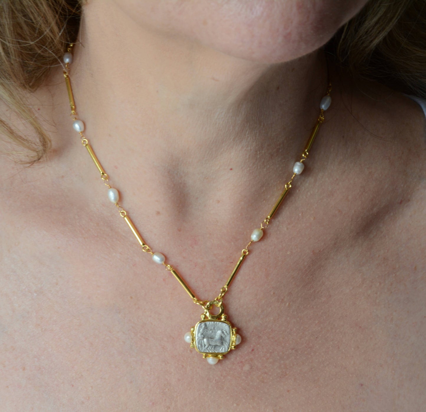 Gold plated Roman Coin necklace with pearl accents