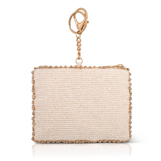 Heart Burst beaded red, gold, and cream coin purse.