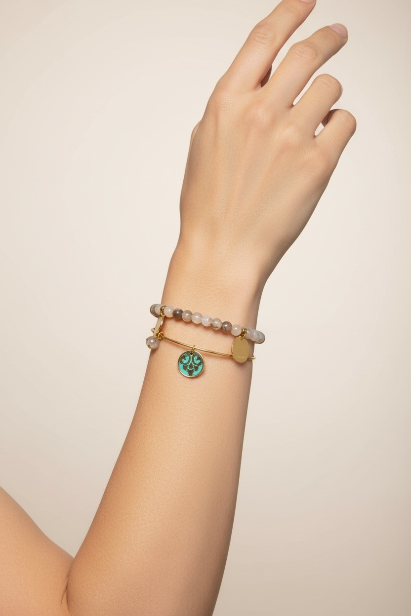 Marble Beaded Bracelet with Turquoise Patina Leaf Charm