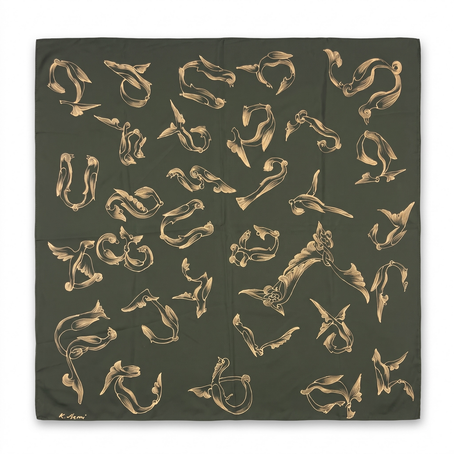 Batik Armenian Alphabet Silk Scarf square green