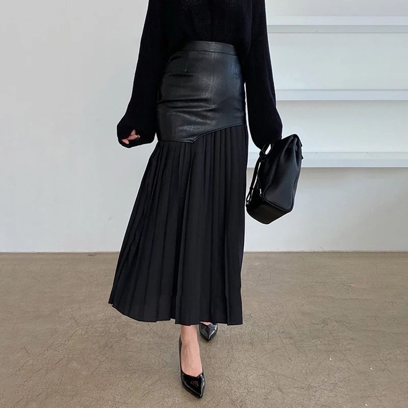 Artful Elegance: Leather & Pleated Skirt