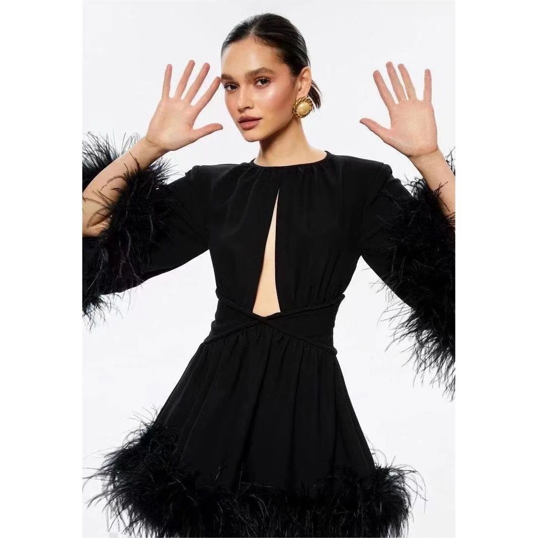 Feathered Elegance: Black Cutout Mini Dress for Holiday Glam