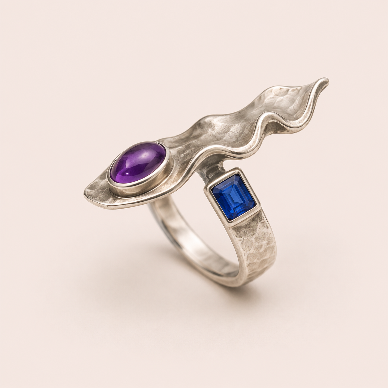 Amethyst & Blue Sapphire Sculptural Statement Ring
