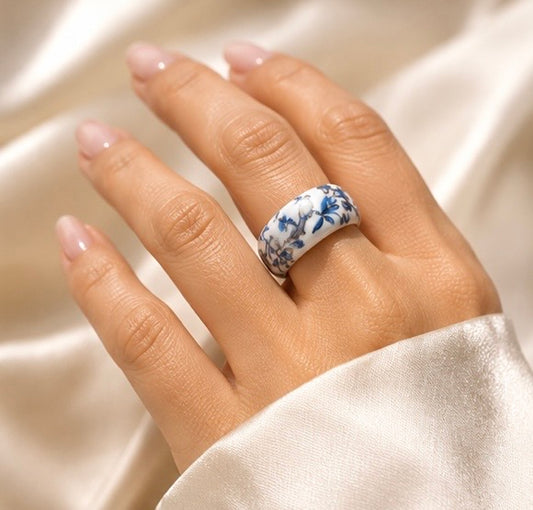 Handmade White & Blue Porcelain Floral Statement Ring