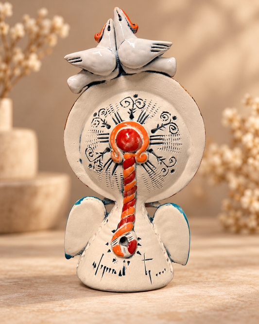 Ceramic Angel with White Daisy and Two Doves, 6.5″