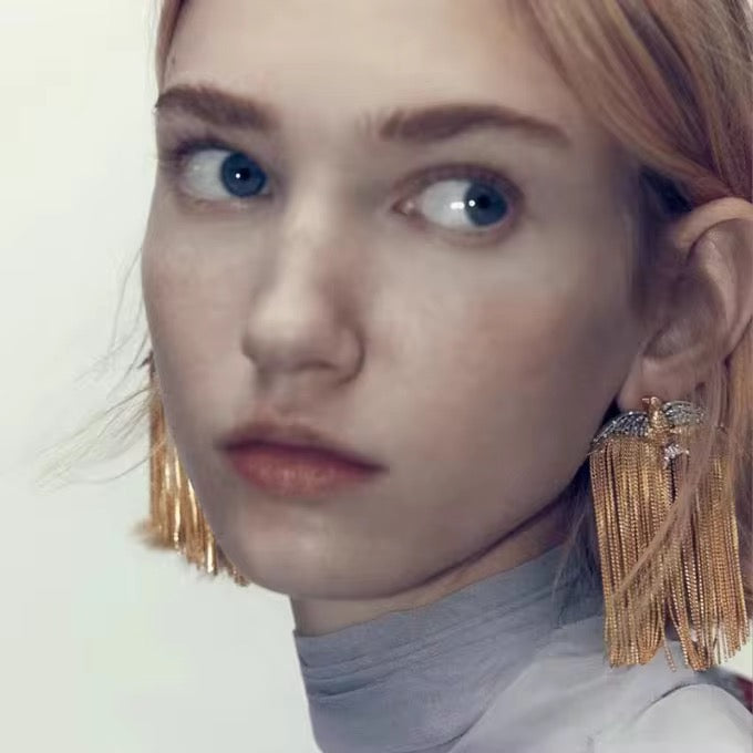 Golden Bird Chain Fringe Statement Earrings