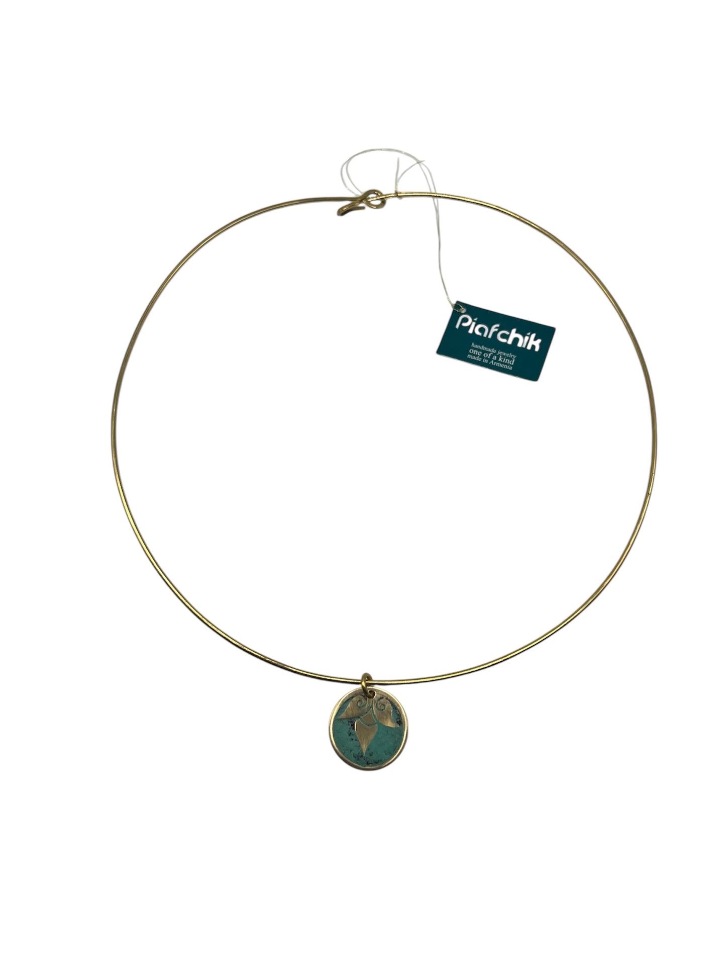 Brass Necklace with Turquoise Patina & Ornamental Leaf Pendant