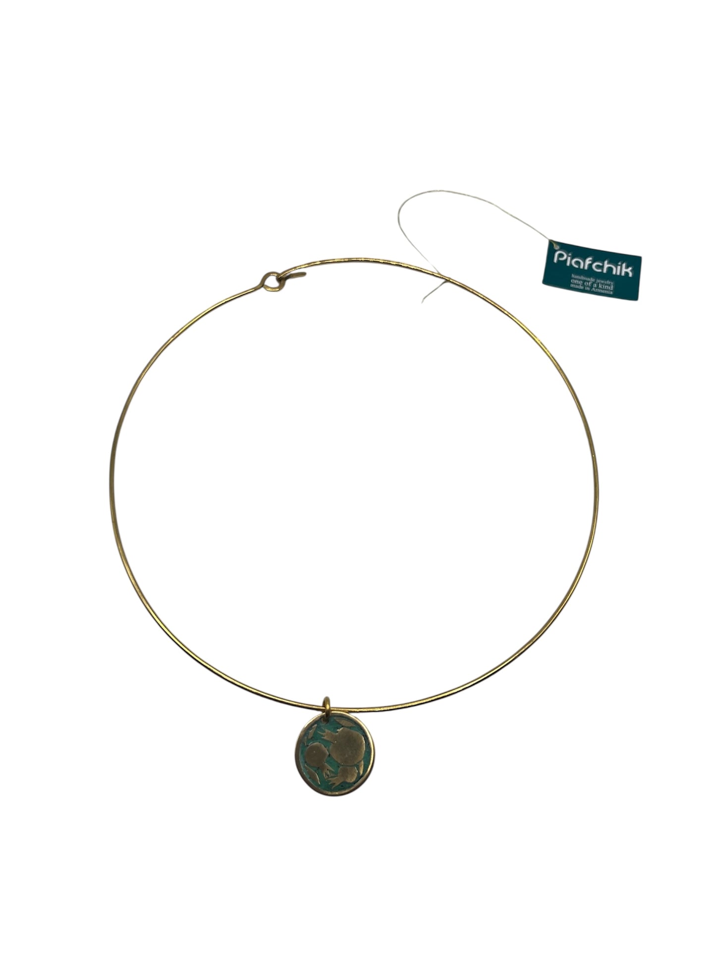 Brass Necklace with Turquoise Patina & 3 Pomegranates Etching