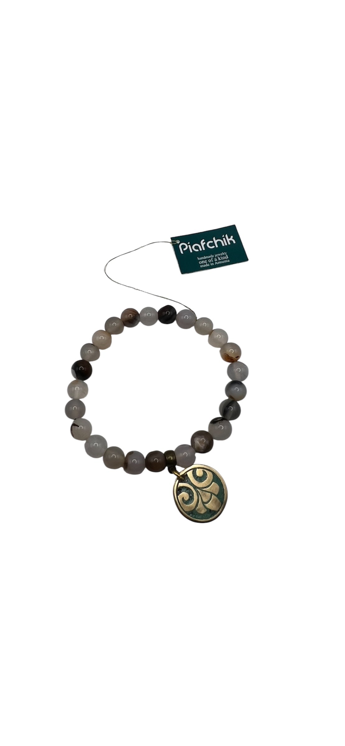 Marble Beaded Bracelet with Turquoise Patina Leaf Charm