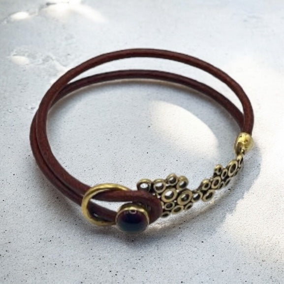 Leather & Brass Bubble Design Bracelet