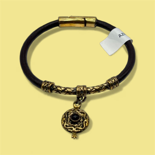 Leather & Brass Pomegranate Pendant Bracelet