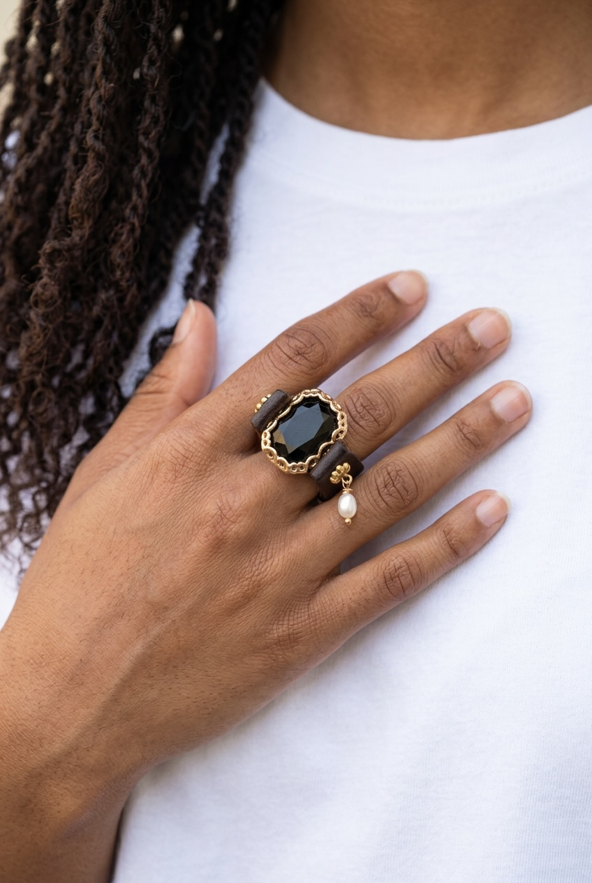Brown Leather Black Gem Ring