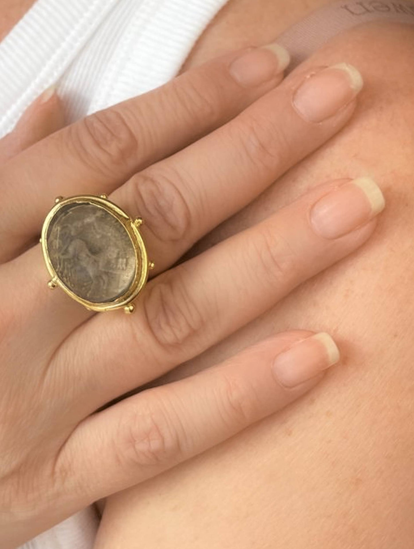 Gold coin ring with faceted smoky quartz crystal