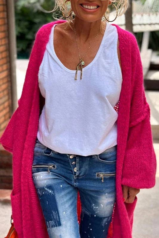 Love & Peace Exposed Seam Knit Sweater Long Cardigan: Fuchsia / M
