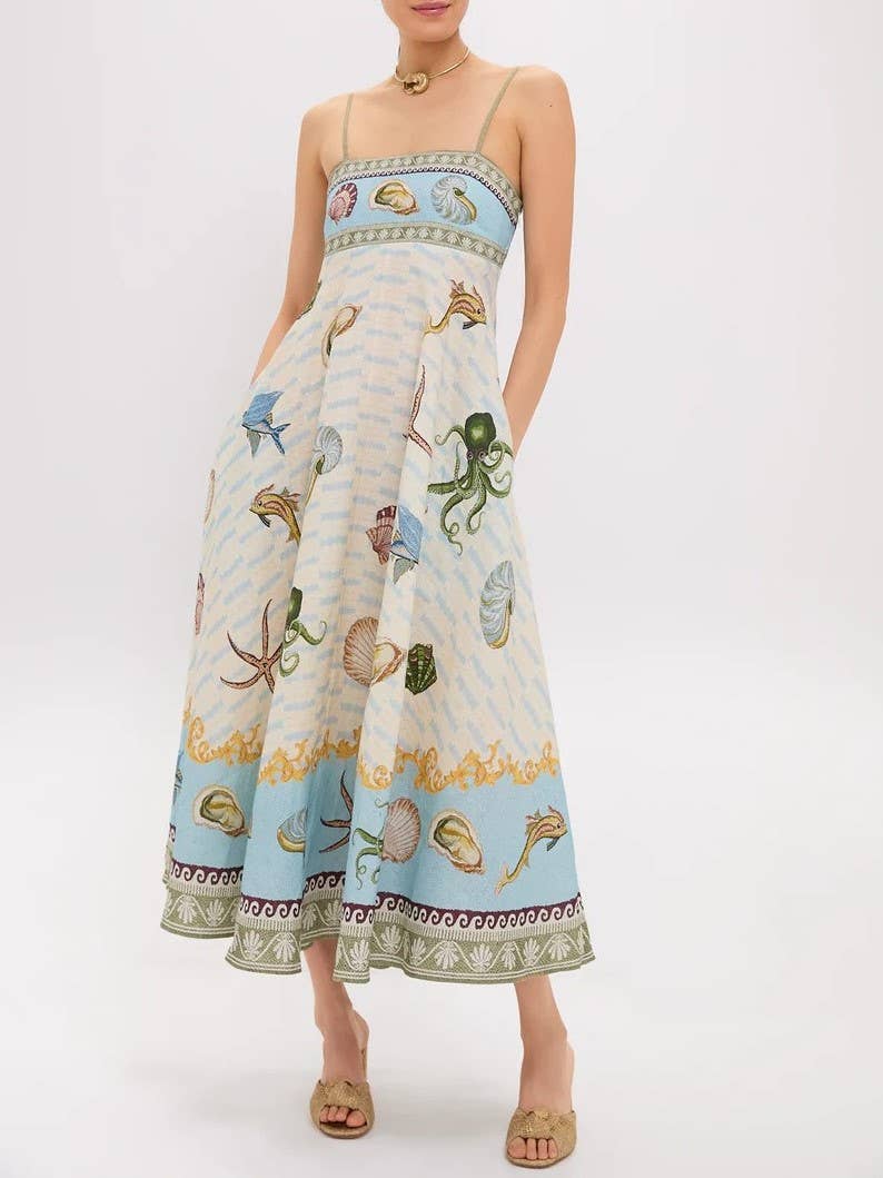 Sciacca Marine life printed Swing Style strappy sundress: DarkBlue