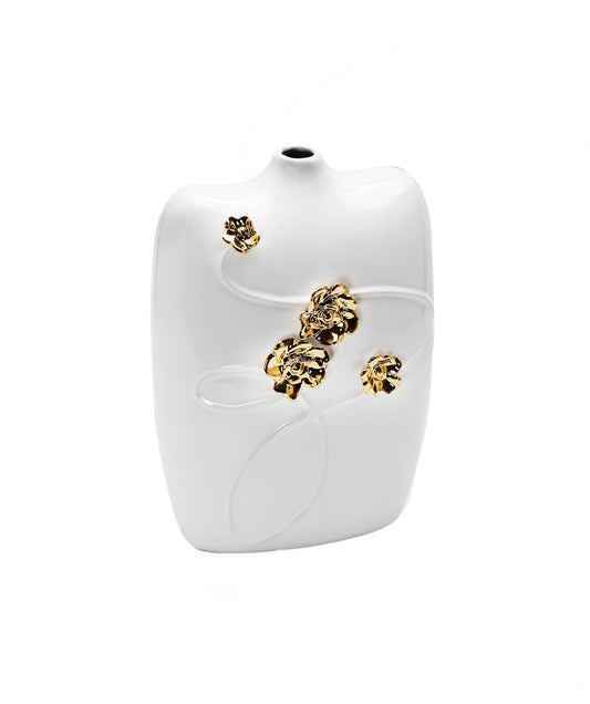 White Ceramic Vase Gold Flower Design